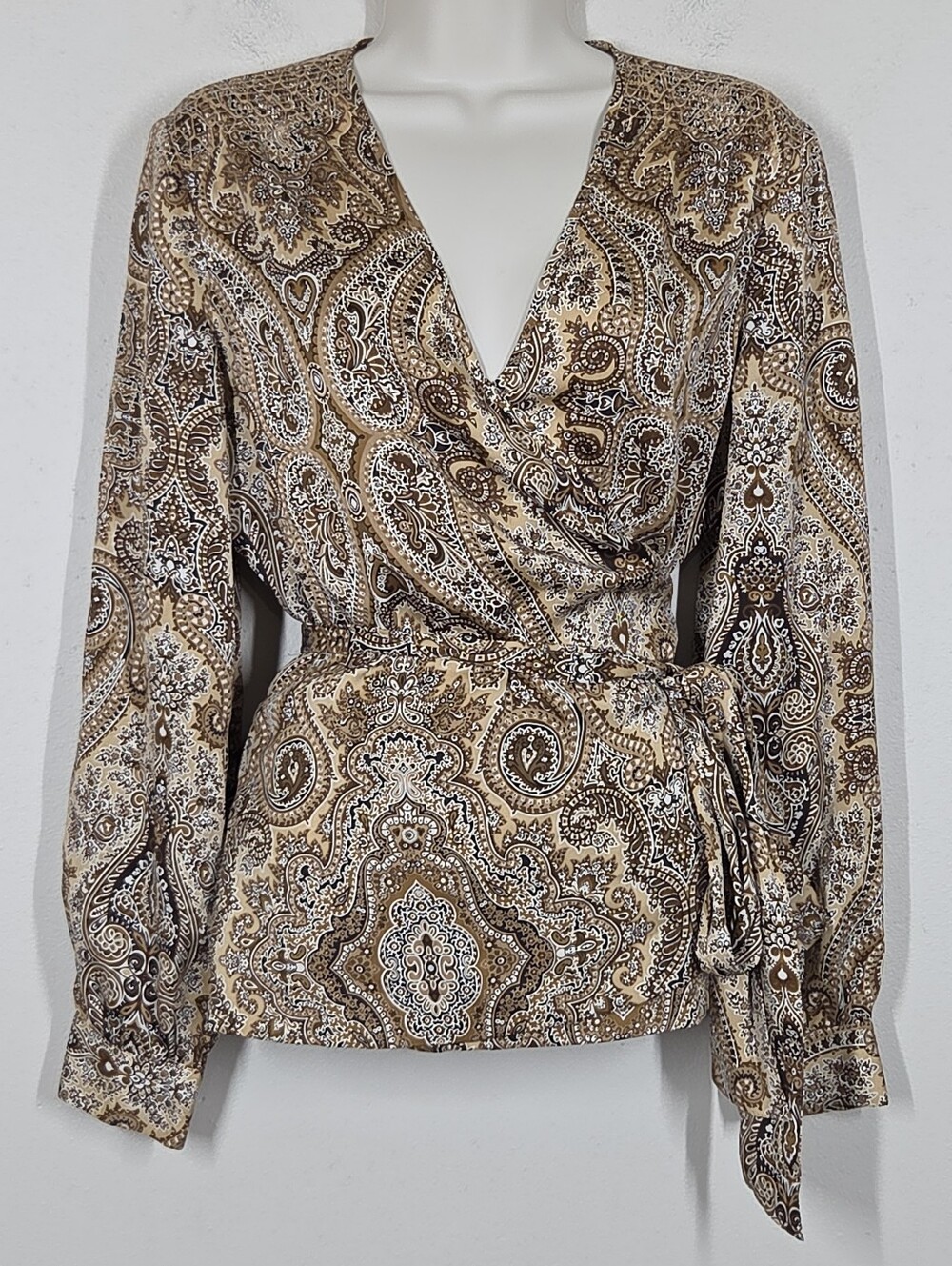 Vtg Talbots Pure Silk Brown Tan Paisley Wrap Top 12 Fairy Old Money Preppy Boho